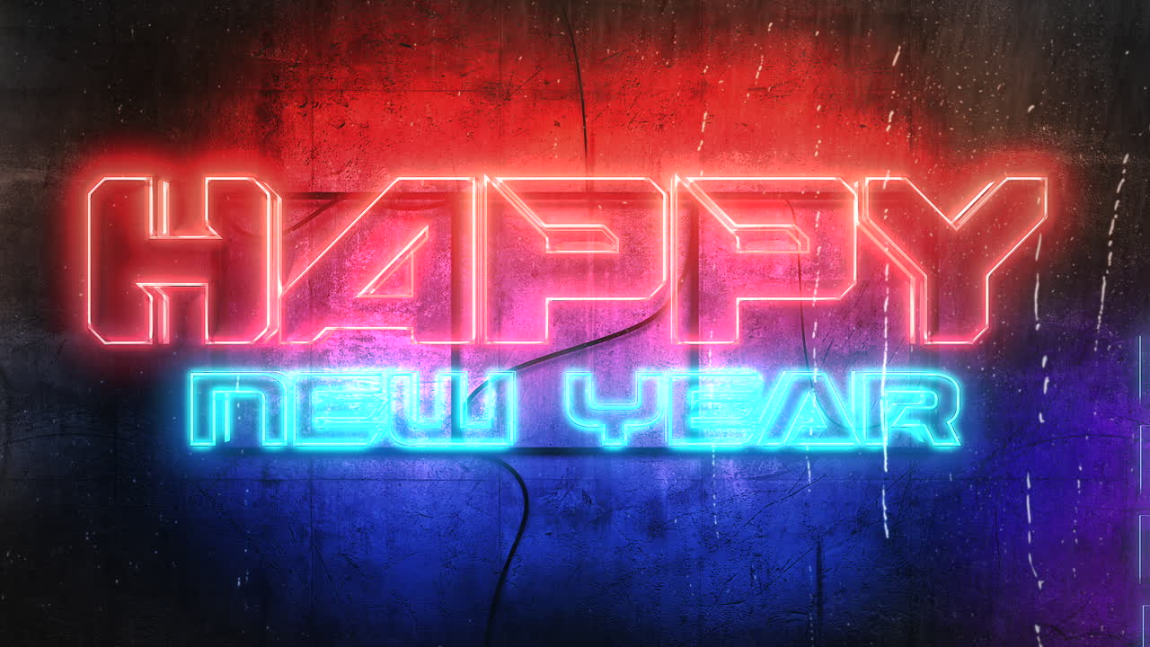 texto de animación feliz año nuevo y fondo de animación cyberpunk con luces de neón en la pared de la ciudad
