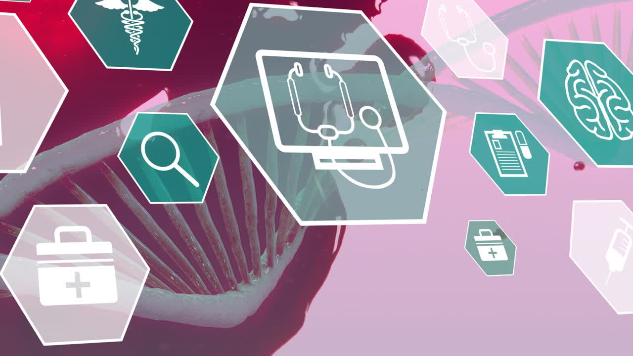 animación de íconos químicos y hexágonos sobre el adn y el fondo rosa