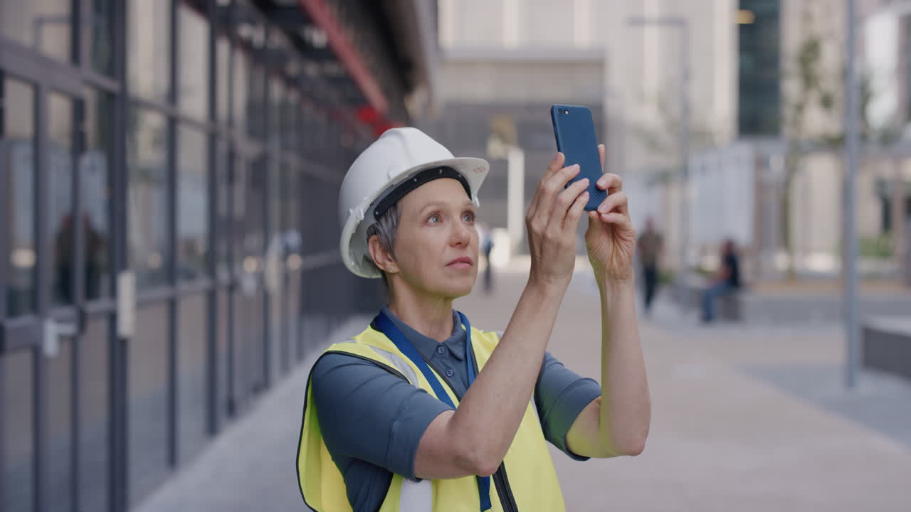 retrato de ingeniera de construcción sénior mujer usando un teléfono inteligente tomando fotos trabajando en un proyecto de ingeniería de planificación de sitios con casco de seguridad en cámara lenta carrera profesional
