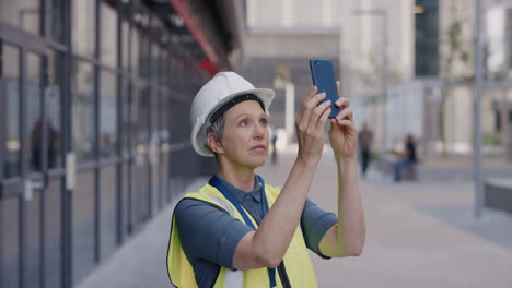 portrait senior construction engineer woman using smartphone taking photos working on site planning engineering project wearing safety helmet slow motion professional career