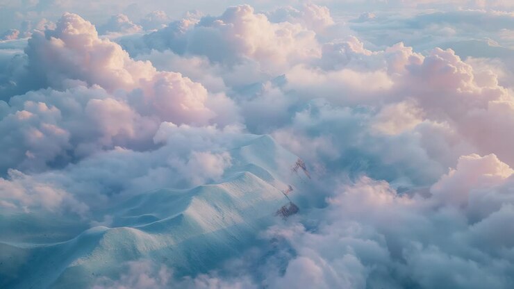 Advancing camera revealing mountain ridge through dense cumulus clouds aloft, casting pastel light