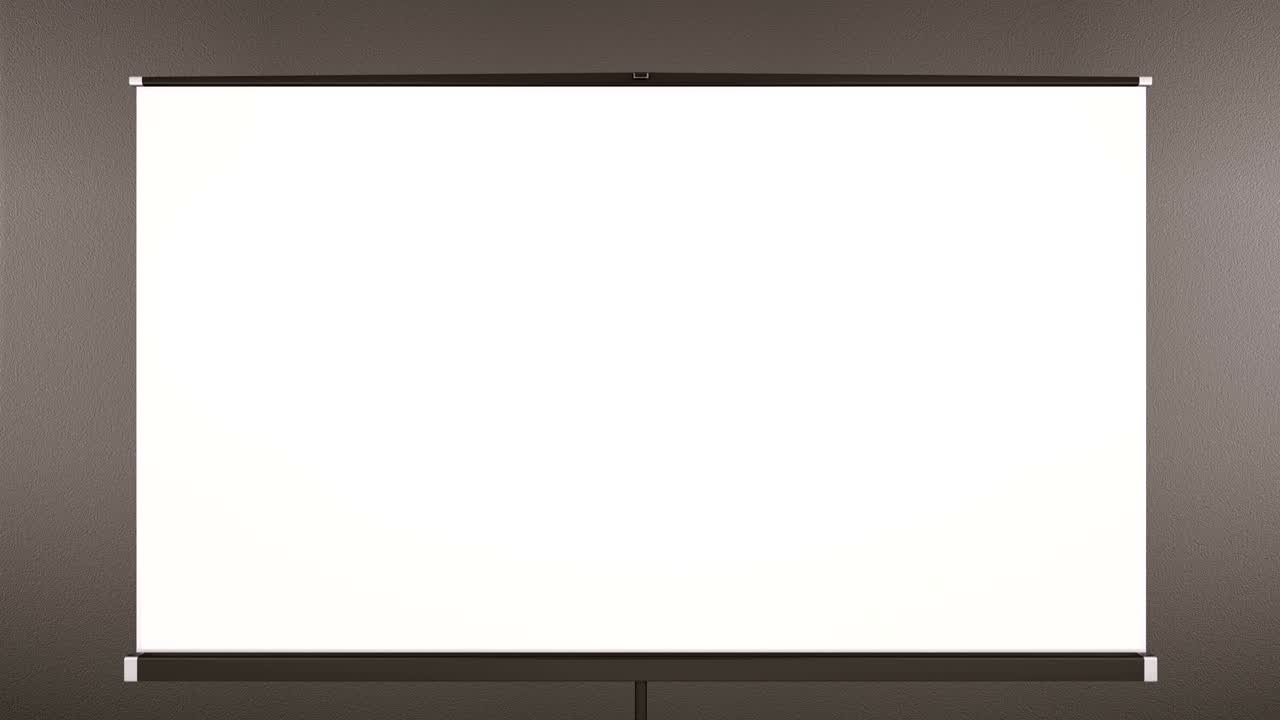 프로젝션 시네마 스크린을 끌어내고 카메라가 스크린으로 확대합니다. 삼각대 뒤의 어두운 콘크리트 벽.