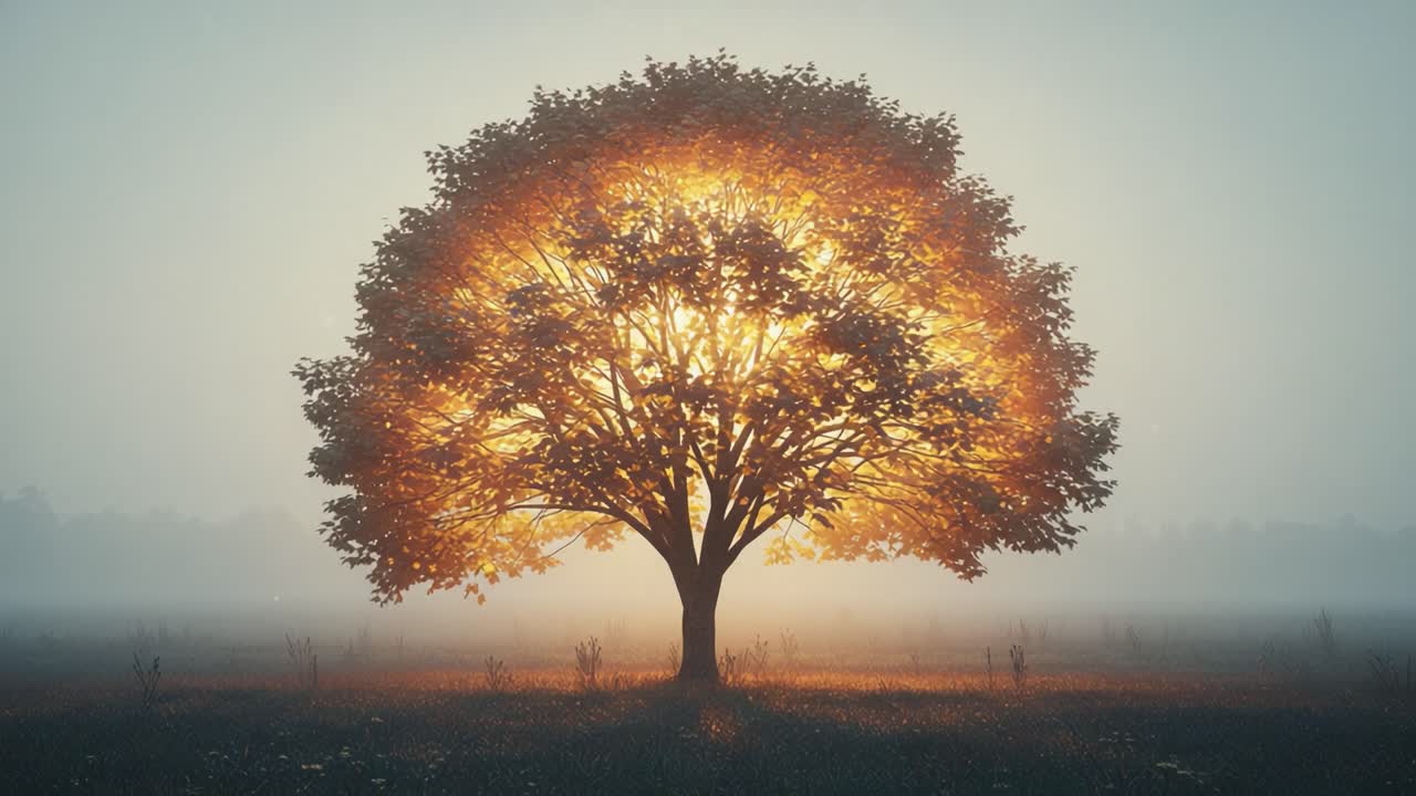 A Stunning Tree Highlights the Beauty of Nature as Its Leaves Glow with Radiant Light in a Mystical Foggy Landscape, Showcasing the Magic of the Outdoors