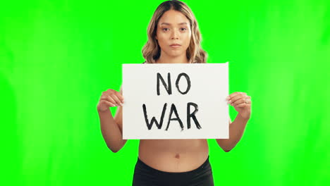 serious woman, no war sign