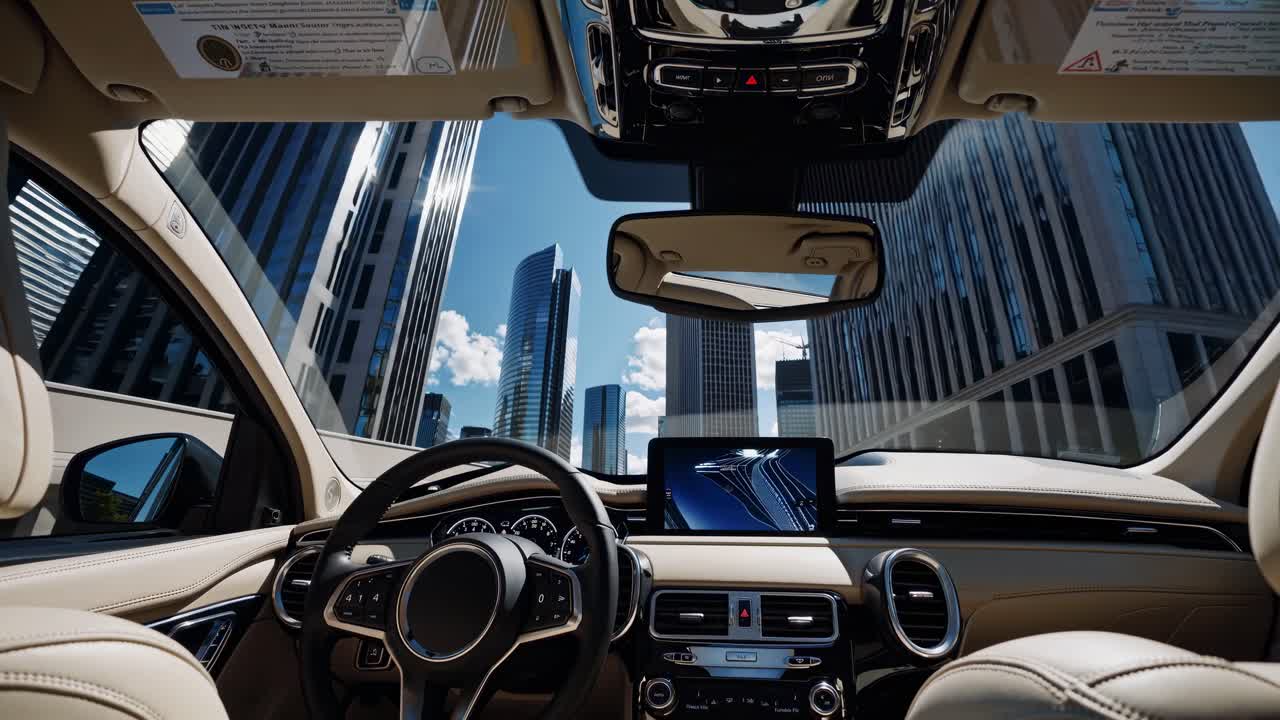 Wide-angle view from a luxury car's interior, showcasing a city skyline
