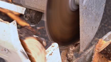 Closeup of crosscut saw blade cutting firewood from wooden pine planks - Wood slowly pushed towards saw before falling down on other side
