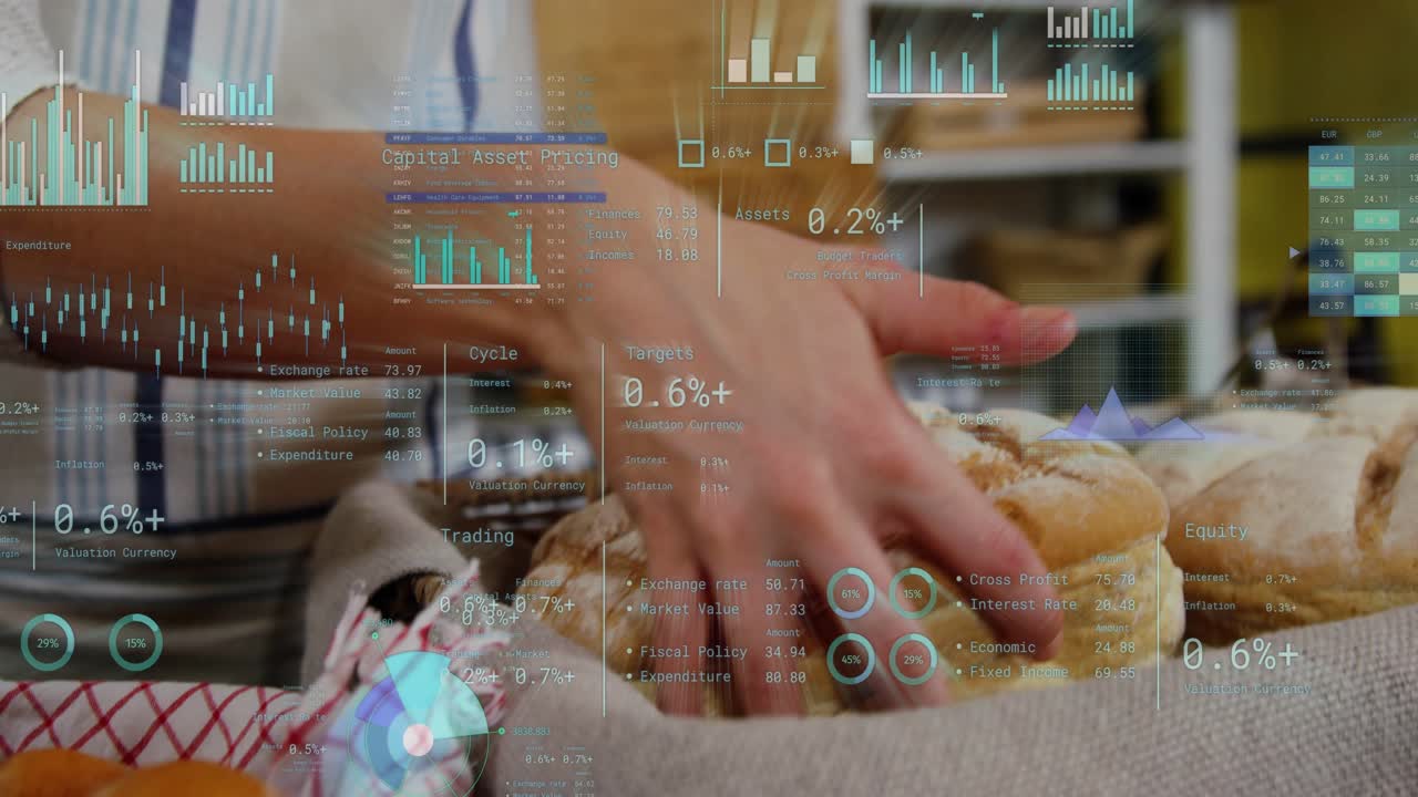 Baker hands reaching basket arranging rolls and aligning loaves, financial HUD scrolling for sale