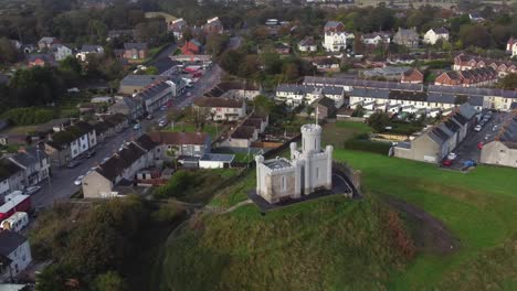 Aerial-view-of-The-Moat-in-Donaghadee-town-on-an-overcast-day,-County-Down,-Northern-Ireland