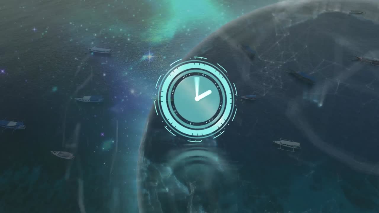 animación de reloj en movimiento y globo sobre el mar