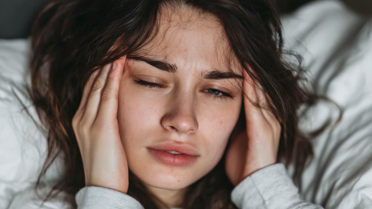 A young woman experiencing severe discomfort, shown with hands on her head, capturing the struggle of dealing with a headache or stress in a calm, intimate setting
