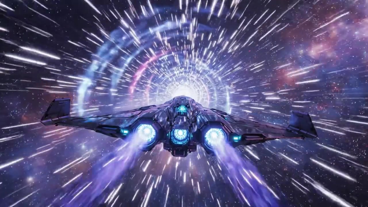 Un viaggio stellare attraverso lo spazio: un'astronave avanzata naviga i colori vibranti di un wormhole cosmico pieno di luce ed energia