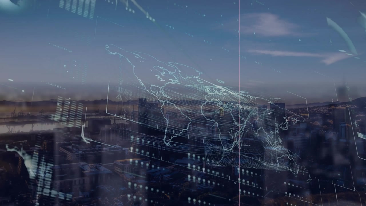 Animation of data processing and world map over cityscape