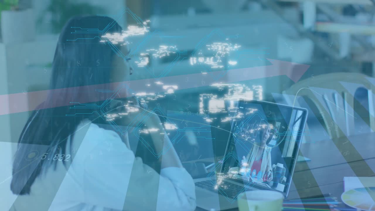 노트북 비디오 통화에서 여성에 대한 온라인 아이콘과 연결 네트워크의 애니메이션