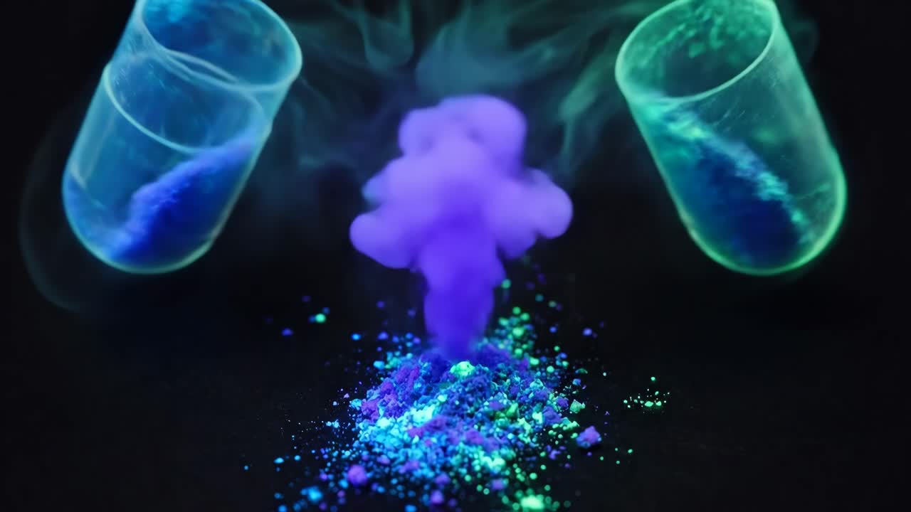 Polvere luminescente vibrante fuoriesce da capsule con fumo che sale