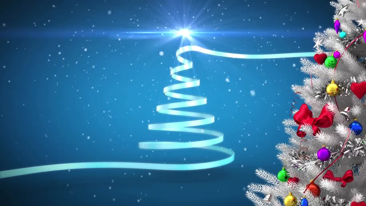 파란 리본과 눈이 떨어지는 크리스마스 트리의 애니메이션
