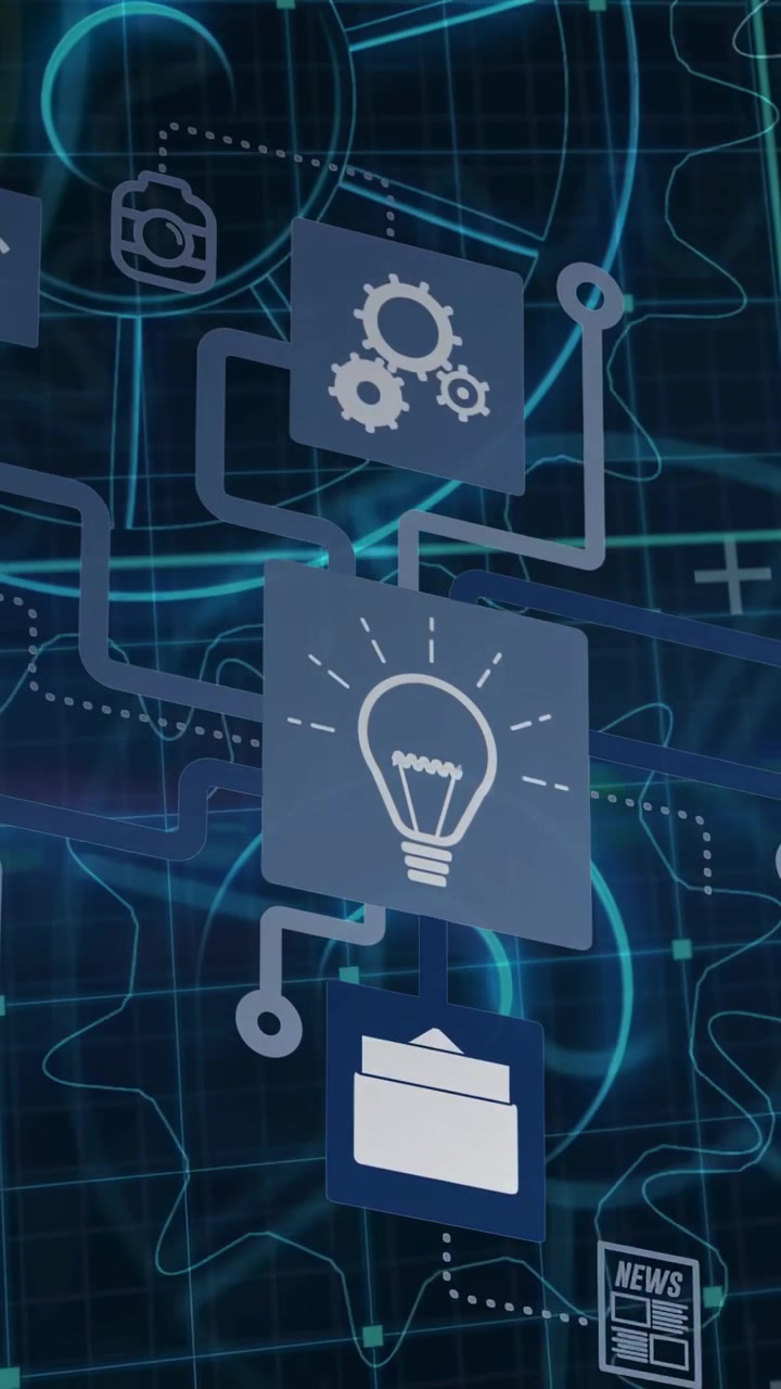 Vertical video: Initial tile appearing tech stack rotating and growing links, forming data-flow