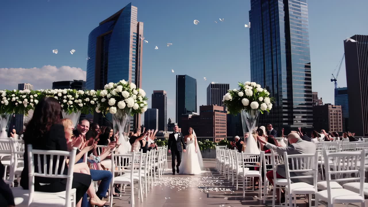 Rooftop Wedding Ceremony with Bride, Groom, and Guests Amidst City Skyline