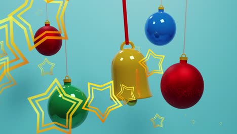 Animation-of-gold-stars-over-christmas-decorations-on-blue-background