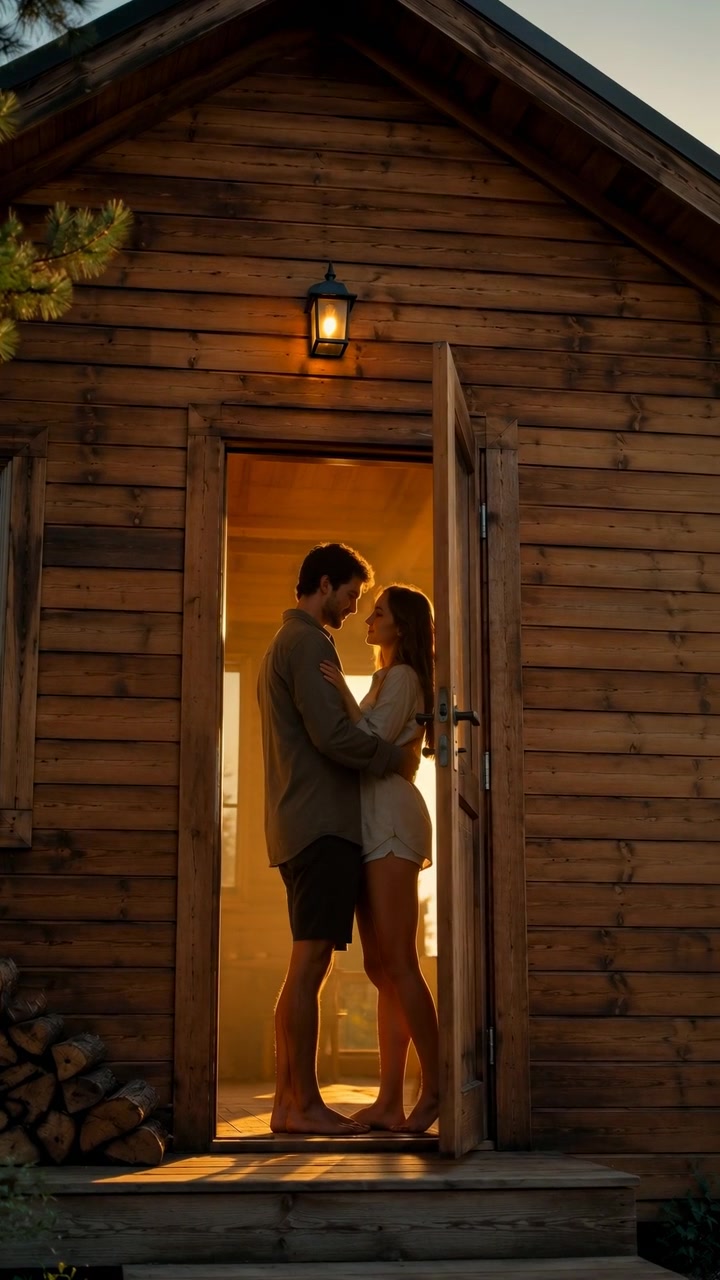 Casal íntimo de pé juntos na soleira da cabana ao entardecer, compartilhando um abraço apertado com silhuetas suaves, luz de fundo interior quente, brilho de lanterna, texturas de madeira rústica e clima campestre sereno