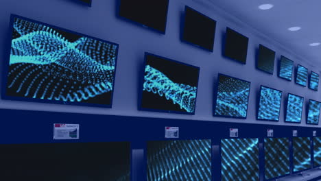 animation of rows of television sets in store with glowing screens with copy space