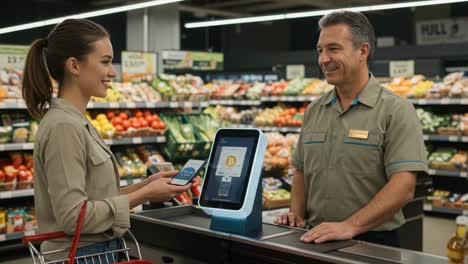 a customer engages in a digital transaction at a grocery store checkout, demonstrating modern payment methods and customer service dynamics