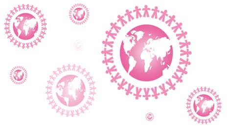 Animation-of-multiple-pink-globe-logo-appearing-on-white-background