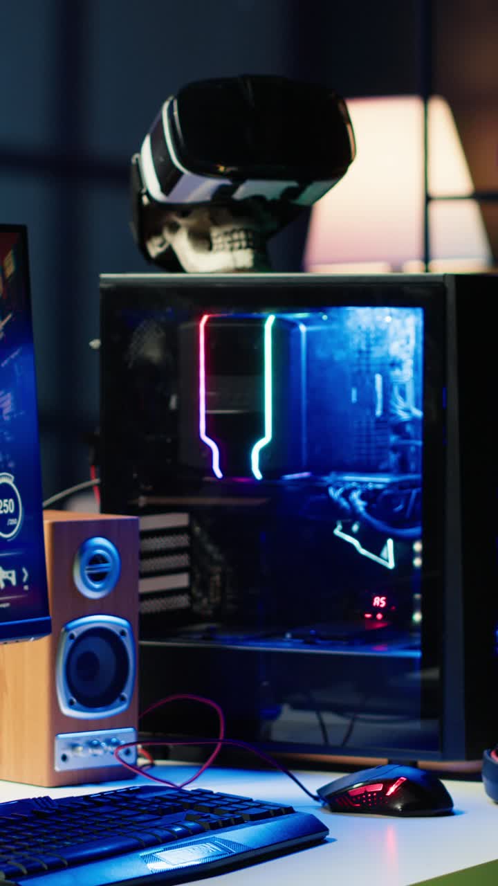 Vertical video Close up shot of PC, keyboard and mouse on desk in living room