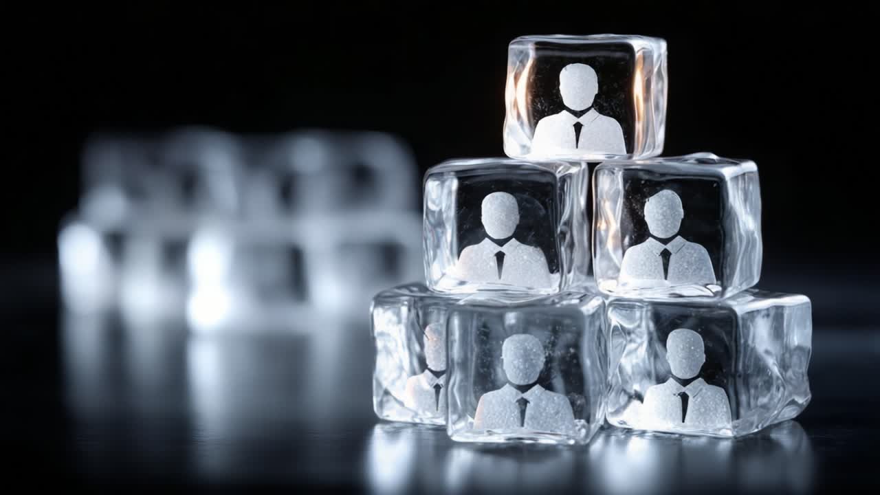 Innovative Ice Sculpture Featuring Faceless Figures in Business Attire: A Creative Representation of Corporate Culture and Identity in a Unique Art Piece