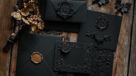 Elegant-Black-Stationery-with-Floral-Embossing-and-Wax-Seals