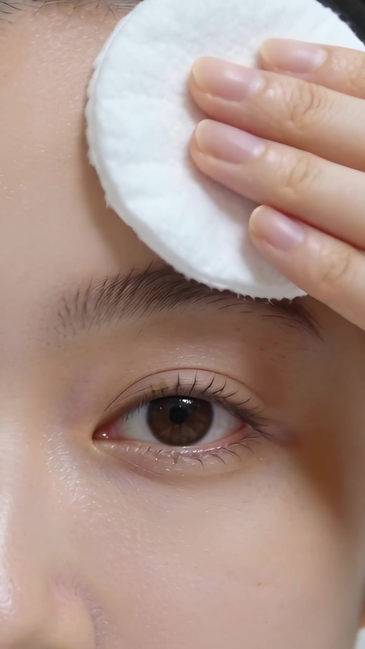 Vertical video: Bringing round cotton pad, woman wiping forehead at vanity, removing residue