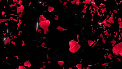 animation of red hearts falling over network of connections