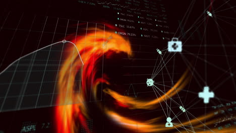 Fiery swirl animation overlaying financial graphs and network connections in office