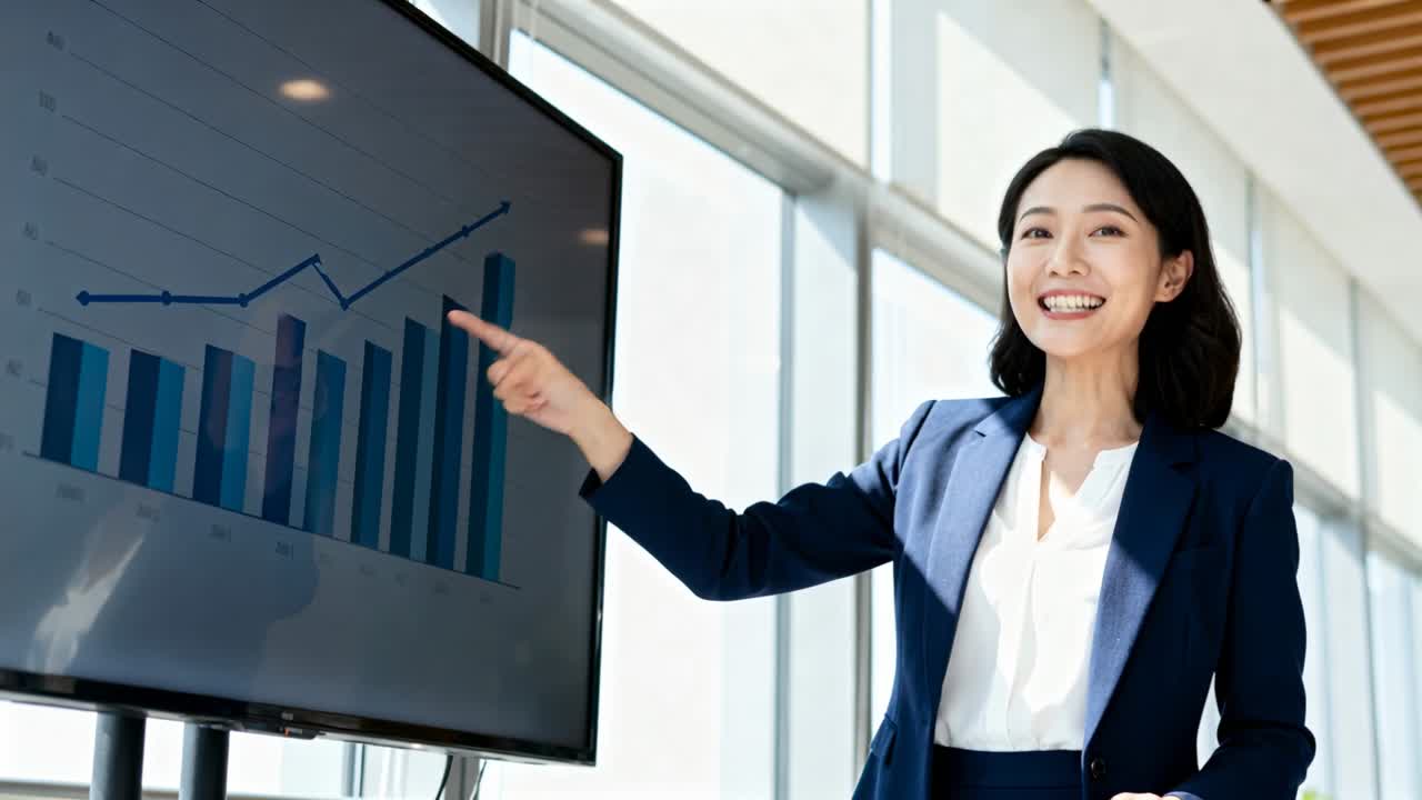 Presentatore con blazer blu scuro che indica e reagisce a un grafico in crescita che mostra una tendenza su un display dell'ufficio, con spazio per il testo