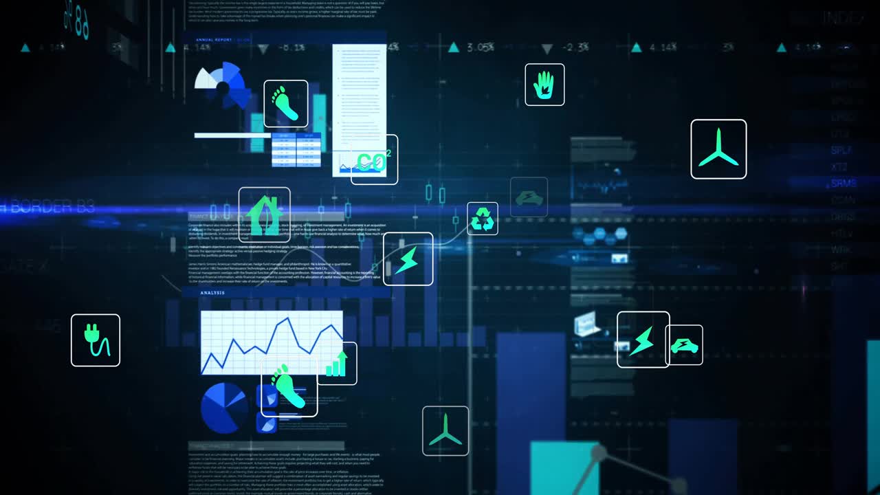 Flytende grønne energisymboler som initierer diagramanimasjoner og lenker data for å visualisere forbindelser
