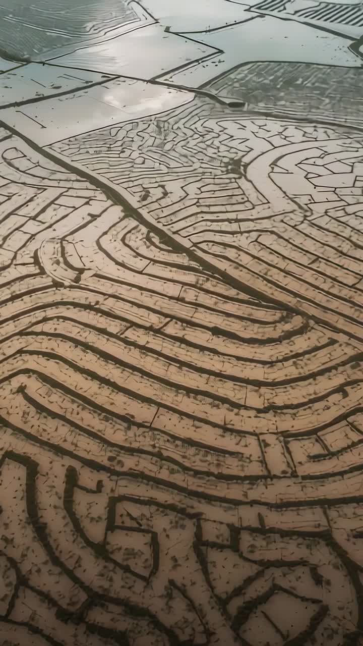 Vertical video: Tilting drone revealing flooded terraces over farmland, showing ridges and glints