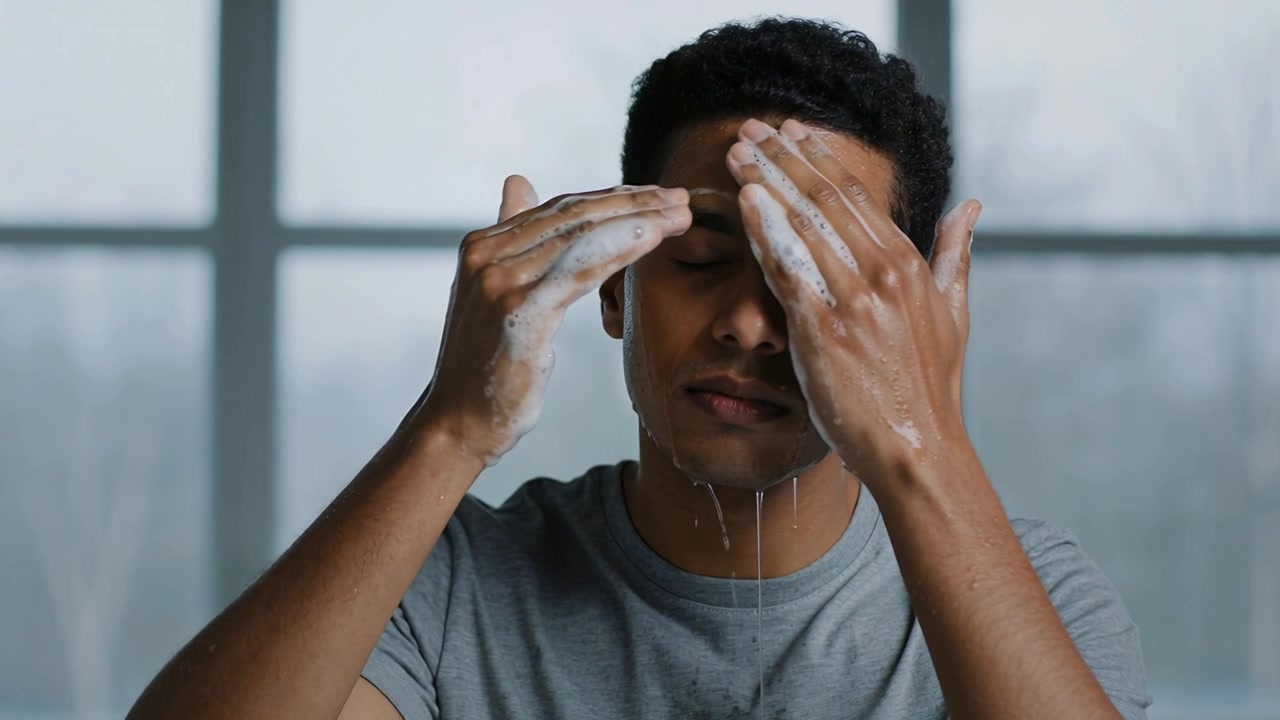 Applying foam man cleansing face at frosted window under running water in gray tee