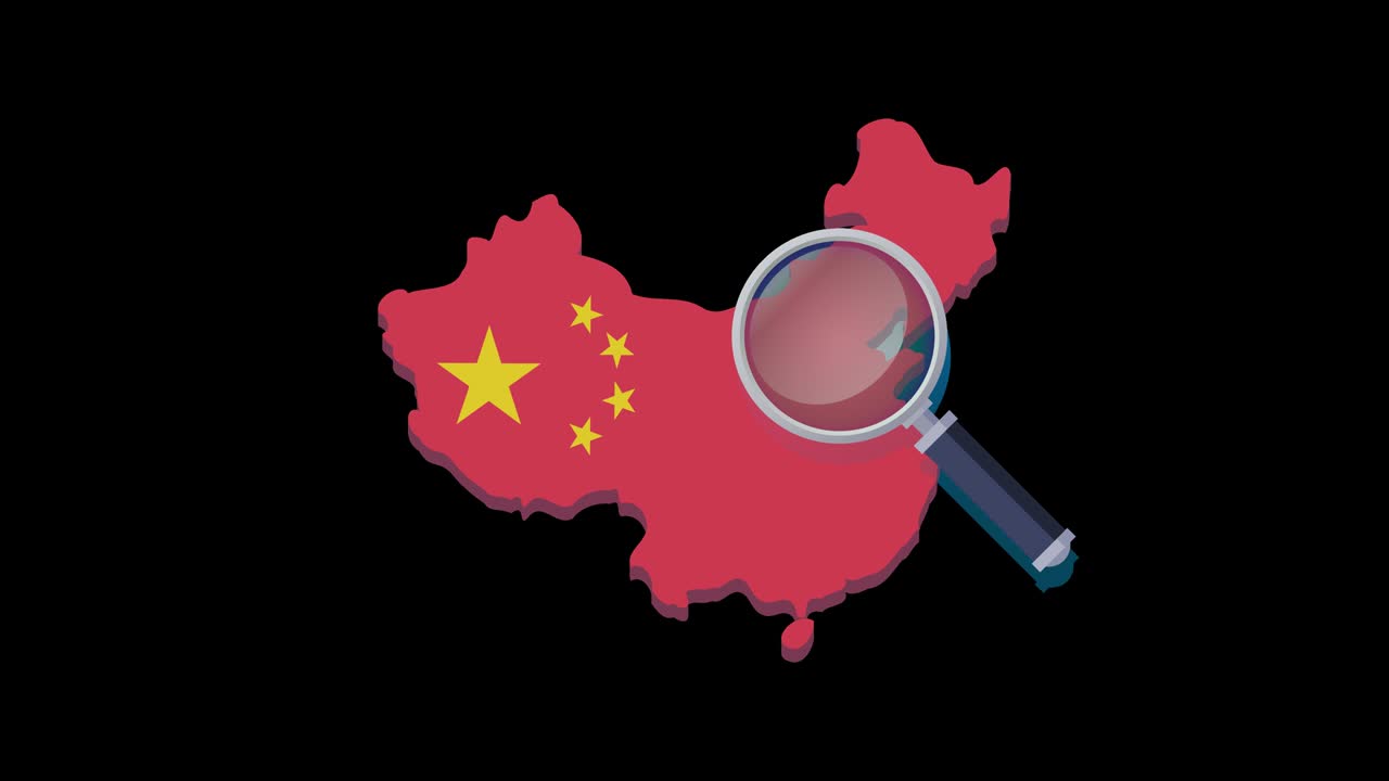 búsqueda de bucle con lupa en el mapa de china con la bandera con canal alfa (diseño plano)