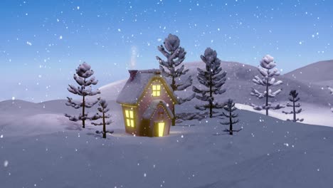 Animation-of-christmas-cottage-and-trees-in-winter-landscape-with-falling-snow
