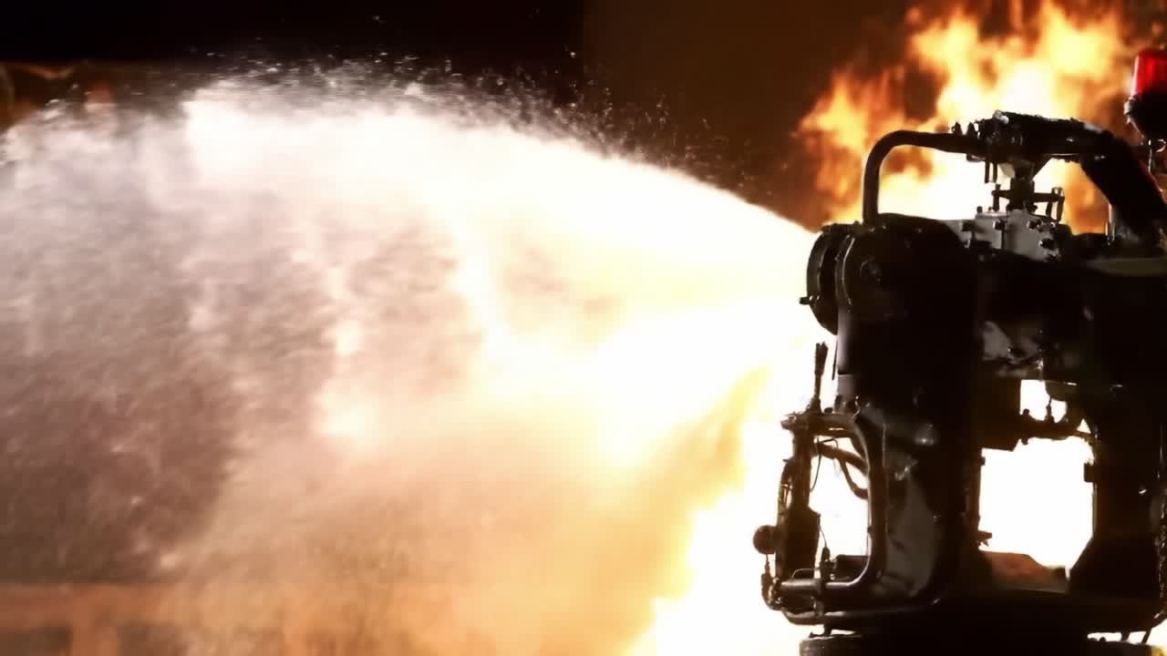 Advanced Firefighting Equipment in Action: Revolutionary Water Cannon Engaging Powerful Streams Against Ferocious Blaze in Emergency Response Situations
