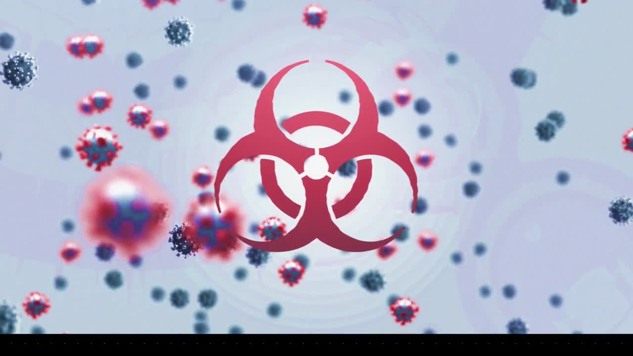 생물학적 위험 신호와 밝은 파란색 배경에 떠다니는 여러 바이러스 세포의 애니메이션