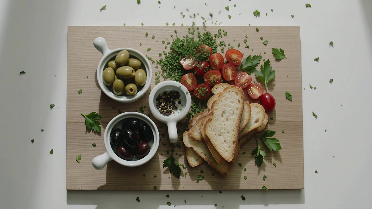 Erbe tritate cosparse fuori campo su un tagliere di legno a un tavolo bianco, guarnendo olive, pomodori e pane tostato