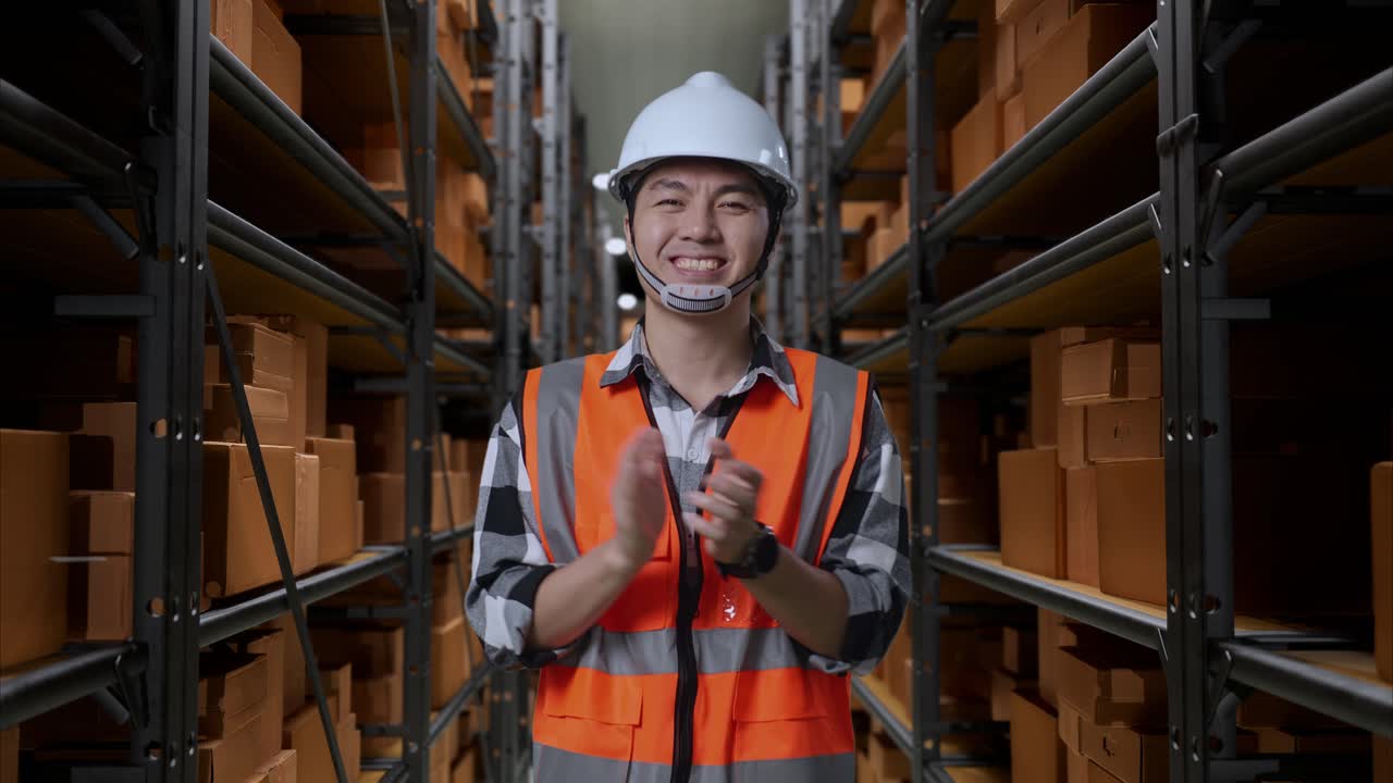 ingeniero masculino asiático con casco de seguridad de pie en el almacén con estantes llenos de productos de entrega. sonriendo a la cámara y aplaudiendo en el almacenamiento