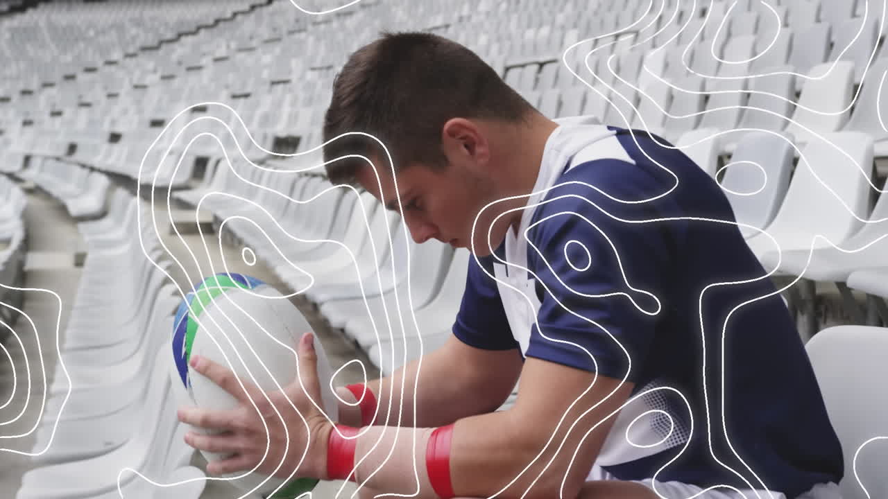 공을 가진 미국 축구 선수 위로 움직이는 모양의 애니메이션