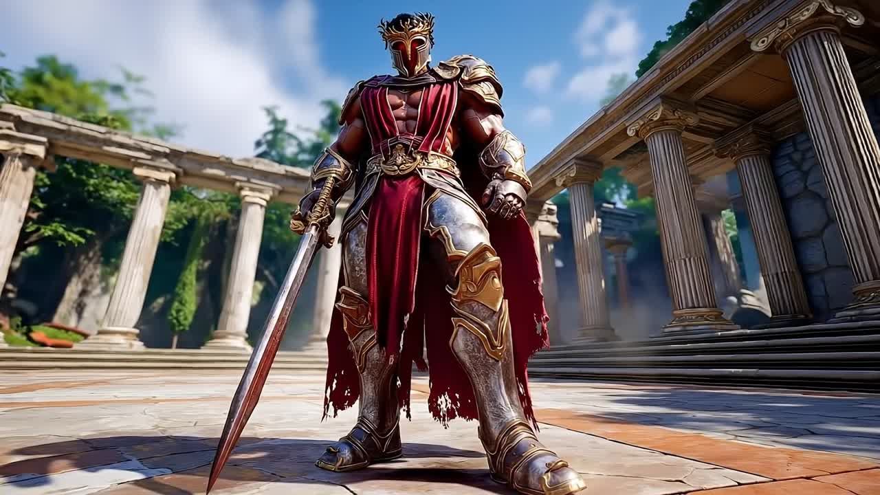 A man in armor holding a sword standing in front of a building