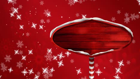 Animation-of-road-sign-with-copy-space-and-snow-falling-at-christmas,-over-red-background