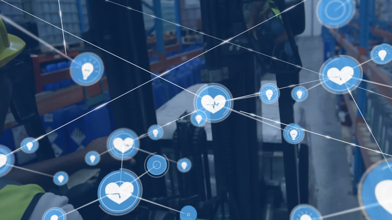 창고 위의 아이콘과 연결 네트워크의 애니메이션