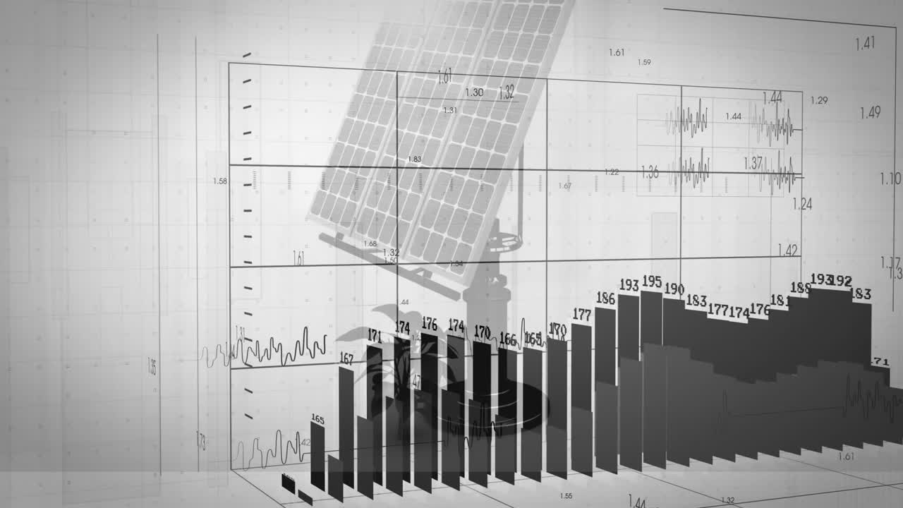Tilted solar panel visualizing energy metrics in transparent 3D dashboard, with bar and line charts