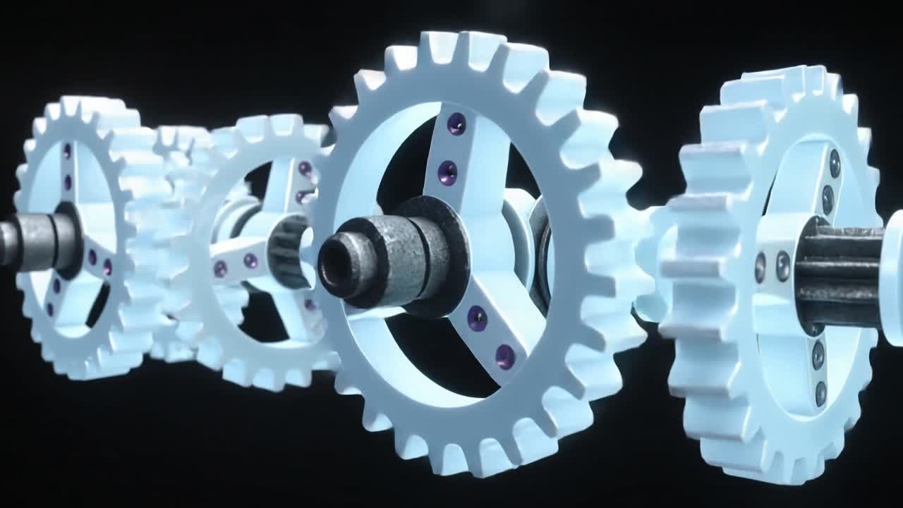 Rotating after motor start, blue gears forming swirl on central gear in studio with purple rivets