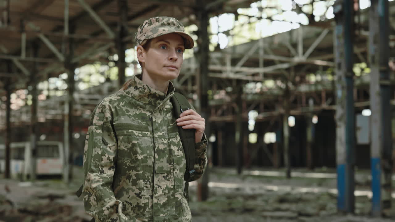Female Soldier in Abandoned Factory