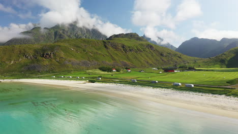 revealing drone footage of vik beach and hauklandstranda norway, nordic coastlines aerial with turquoise blue water